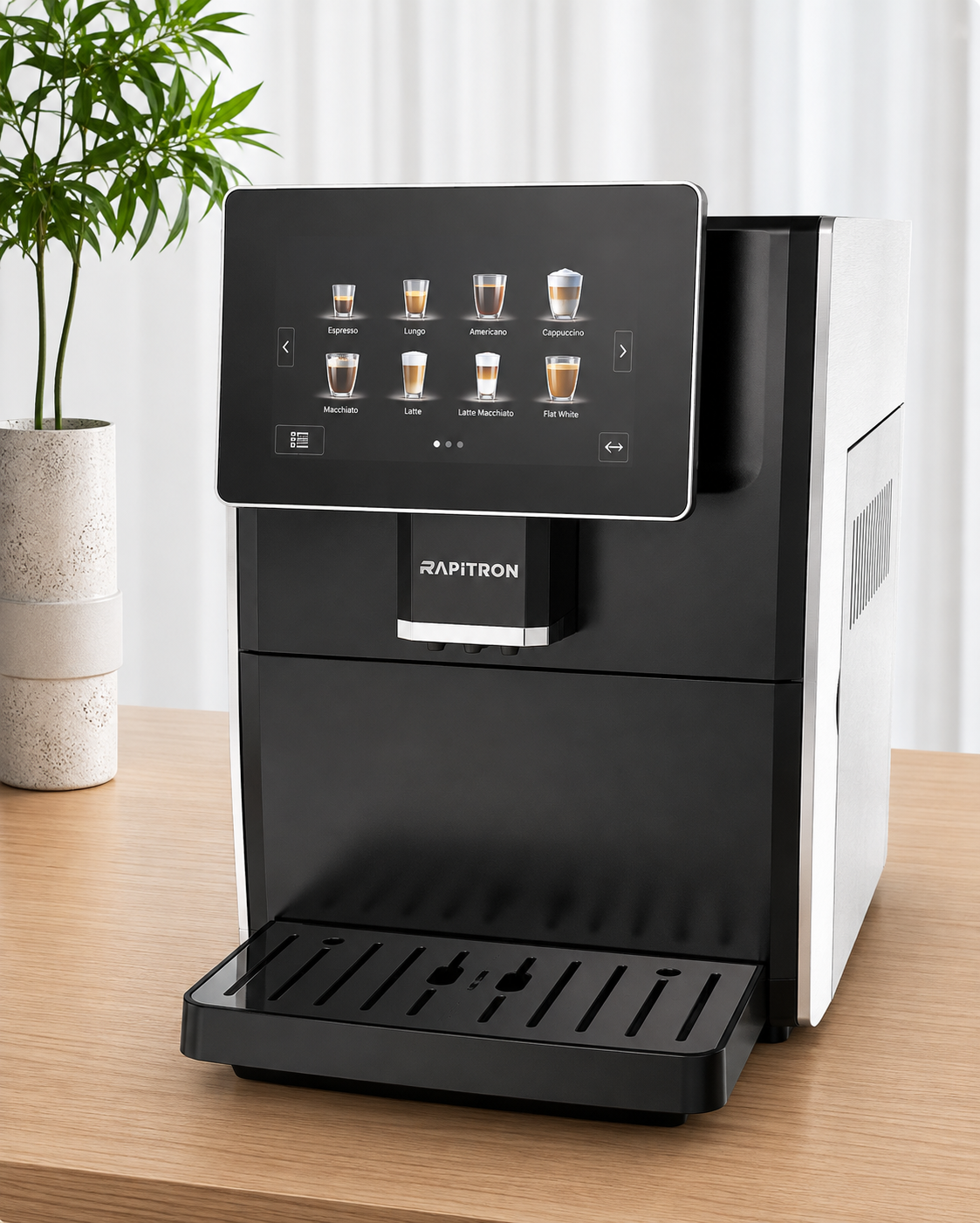 RAPITRON – Machine à Café Automatique Premium | Écran Tactile 7″ | 19 Bars | 11 Boissons en Une Seule Touche