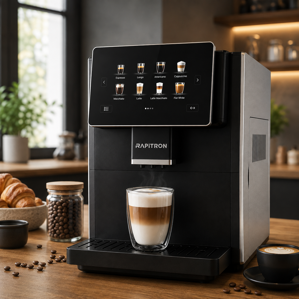 RAPITRON – Machine à Café Automatique Premium | Écran Tactile 7″ | 19 Bars | 11 Boissons en Une Seule Touche