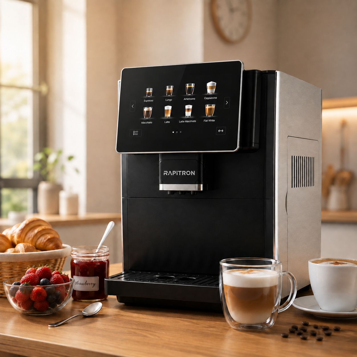 RAPITRON – Machine à Café Automatique Premium | Écran Tactile 7″ | 19 Bars | 11 Boissons en Une Seule Touche