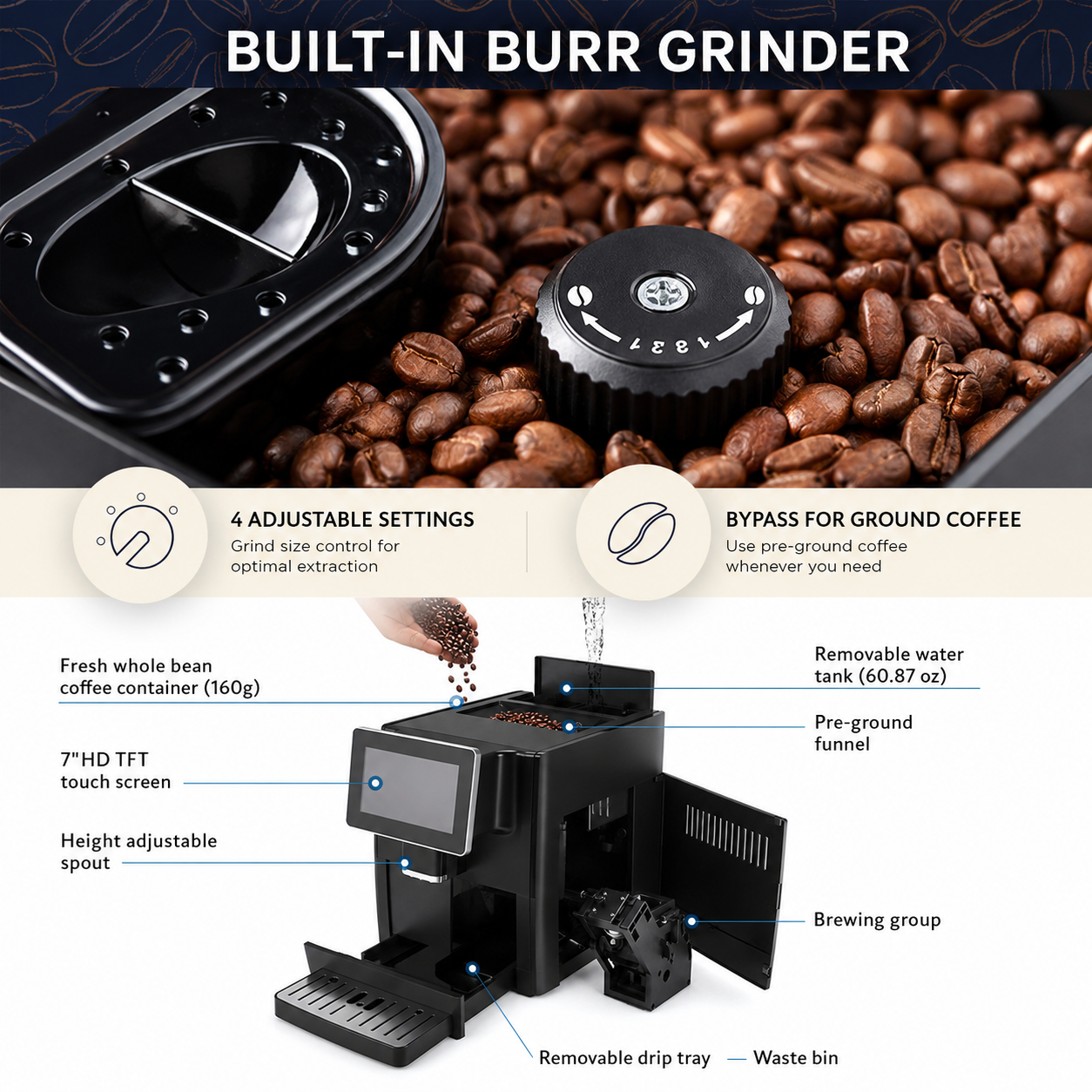 RAPITRON – Machine à Café Automatique Premium | Écran Tactile 7″ | 19 Bars | 11 Boissons en Une Seule Touche